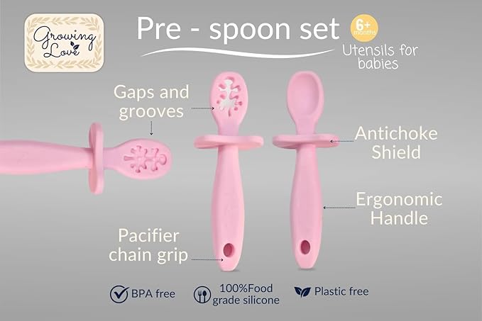 Growing Love Baby Spoons Set, Self Feeding 6 months, Pre-Spoon, Baby utensils, training spoon, cuchara bebe, blw, 100% silicone, Anti choke shield (pink)