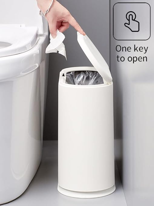 White Slim Rectangular Plastic Trash Can with Press Type Lid,12 Liter / 3.2 Gallon Narrow Trash Bin with Pop-up Lid for Toilet,Bedroom,Bathroom,Office,Kitchen,Powder Room