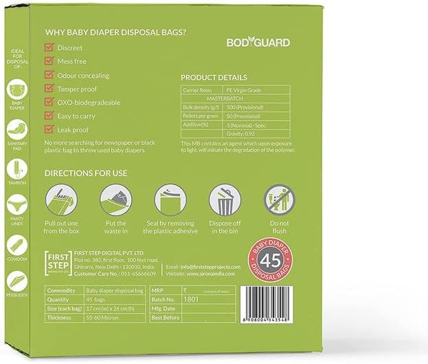 Bodyguard Baby Diaper Disposable Bags - 90 Bags - Leak-Proof Bags for Discreet Disposal of Diapers and Intimate Sanitary Products, 45 Piece Per Pack