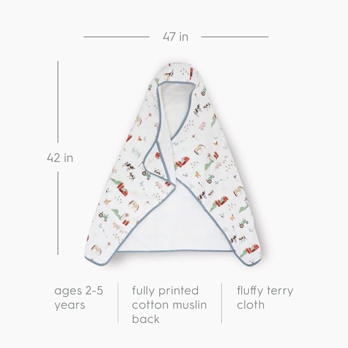 Little Unicorn Premium Hooded Bath Towel| Absorbent Cotton & Terry Blend | Larger Size, 1-6 Years (Farmyard)