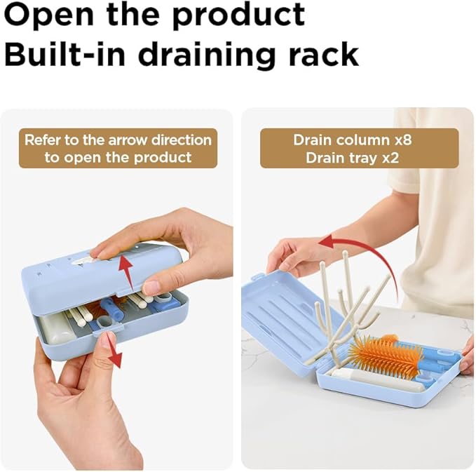 YOTIME Travel Bottle Brush, Travel Bottle Cleaner Kit with Foldable Bottle Drying Rack, for Visit Friends and Relations, Baby Travel Essentials, BPA Free, Blue