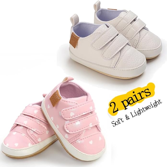 2Pairs Baby Shoes,Boys Girls Non-Slip Rubber Sole Sneakers,Unisex Infant Soft Lightweight First Walking Crib Shoes