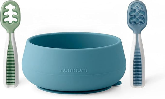 NumNum Baby Bowl & 2 Pack GOOtensils Baby Spoons, Suction Bowls for Baby 4+ Months, Extra Strong Non-Slip Suction, 100% Food-Grade Silicone, BPA-Free, Microwave & Dishwasher Safe (Blue/Green)