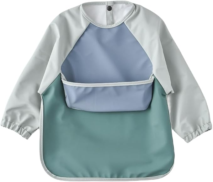 GZMM Waterproof Baby Bibs,Infant Toddler Long Sleeve Feeding Bib With Food Catcher,Wipe Clean & Washable