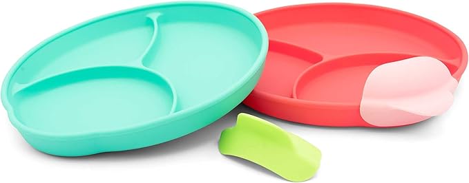 Silicone Easy Scoop & Hold Plate Set - Baby and Toddler Training Plates with Clip-On Rims for Easy Scooping, Self-Feeding and Baby Led Weaning, 6+ months (Watermelon)