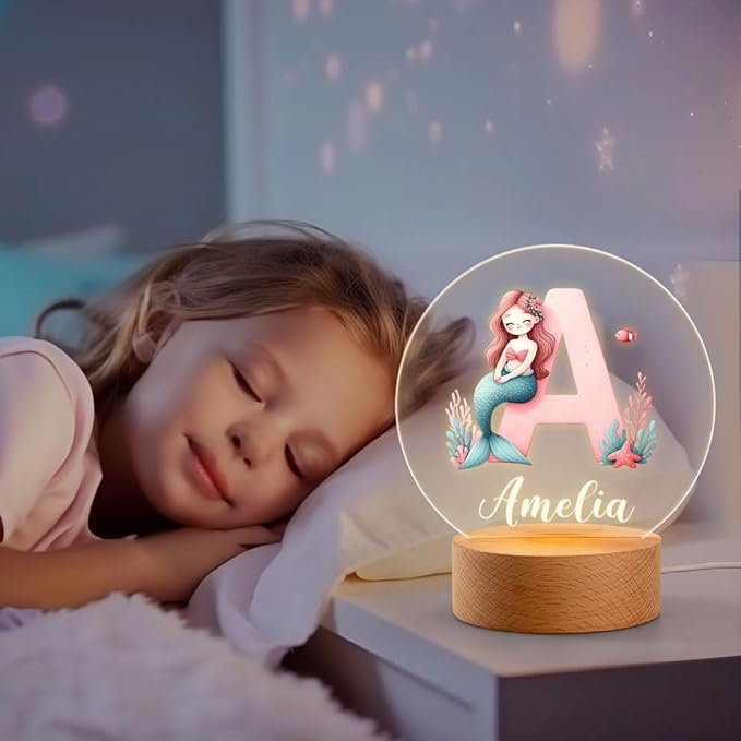 Personalized Mermaid Girl Night Light, Custom Name Acrylic LED Light 37 Patterns Option Nursery Decoration