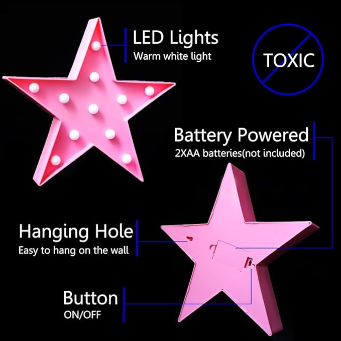 LED Marquee Star Sign Night Light, Battery Operated Star Shaped Desk Table Lamp for Kids, Baby, Child, Girl Gift, Nursery Room, Wall Decor (Pink)