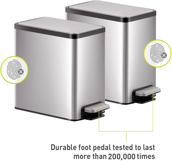 EKO Slim Small Bathroom Trash Can with Lid, Stainless Steel Kitchen Garbage Can with Removable Inner Bucket, 6L / 1.6 Gal 2 Pack Step On Trash Can Combo