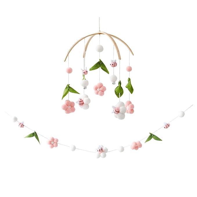 Baby Mobile for Crib, Crib Nursery Mobile for Boys Girls, Boho Bee Flower Nursery Decor Soothe Toy Baby Shower Set for Infant Bedroom Hanging Decoration Toy, Pink