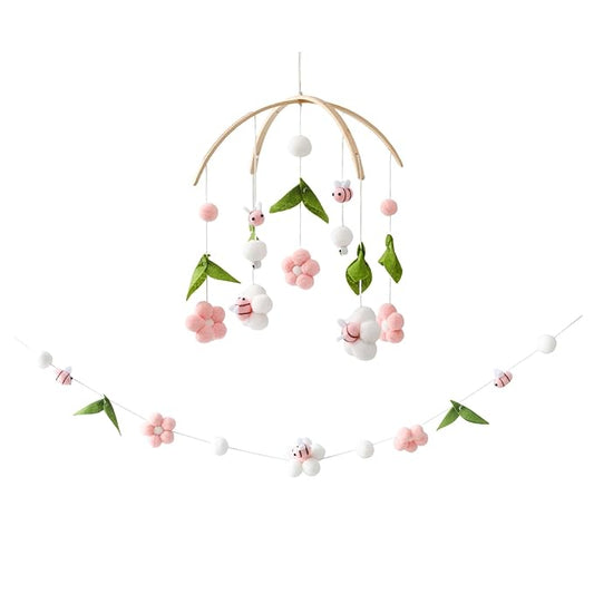 Baby Mobile for Crib, Crib Nursery Mobile for Boys Girls, Boho Bee Flower Nursery Decor Soothe Toy Baby Shower Set for Infant Bedroom Hanging Decoration Toy, Pink