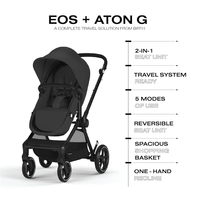 Cybex EOS 5-in-1 Travel System Stroller + Lightweight Aton G Infant Car Seat, Moon Black