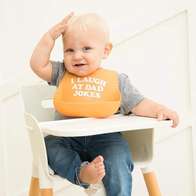 Baby Bib for Eating by Bella Tunno, Waterproof Silicone Bib with Large Food Catcher, Adjustable Fit for Babies 4-12 months & Toddlers 1-3 Years, Boys & Girls, I Laugh At Dad Jokes