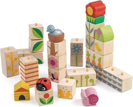Tender Leaf Toys - Garden Blocks - 25 Pieces Decorative Garden Themed Wooden Stacking Blocks with Peg - Building Blocks, Hand-Eye Coordination Strength & Creative Play - Age 18m+