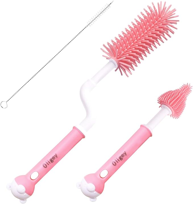 Silicone Baby Bottle Brush Set Cleans Deep Container Nipple or Straw with Rotation Long Handle,3 in 1 Rubber Cleaning Kits Wash Infant Pacifier Teat Nozzle or Breast Pump by Spinning Lug
