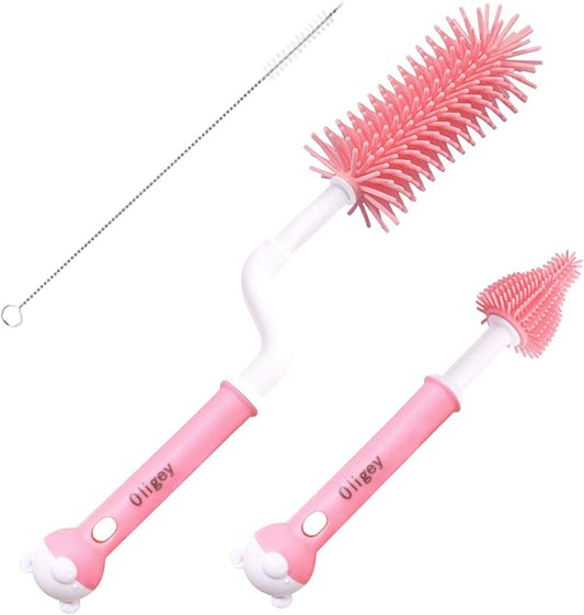 Silicone Baby Bottle Brush Set Cleans Deep Container Nipple or Straw with Rotation Long Handle,3 in 1 Rubber Cleaning Kits Wash Infant Pacifier Teat Nozzle or Breast Pump by Spinning Lug