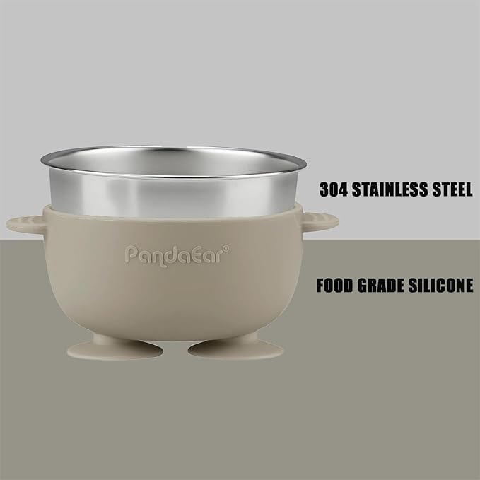 PandaEar 3 Pack Stainless Steel Suction Baby Bowls & 3 Baby Feeding Spoons | Non-Slip Stay Put Bowls & Soft Silicone First Stage Spoons for Toddlers, BPA-Free Baby Led Weaning Set (Linen Brown Grey)