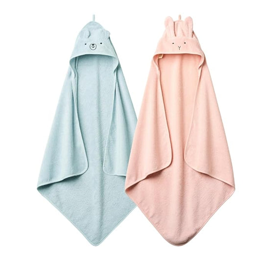 Baby Hooded Towel – Organic Cotton Baby Bath Towels, 32" x 32" Super-Soft and Absorbent Baby Towels for Newborn 2-Pack (Rabbit Blush/Bear Baby Blue)