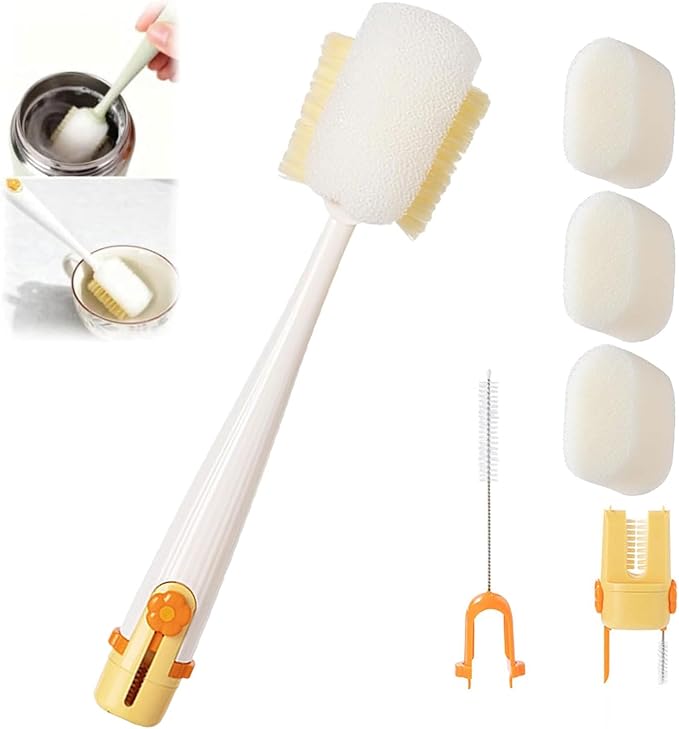 5-in-1 Bottle Cleaning Brush Set, 2026 New Multifunctional Baby Bottle Brush with Long Handle, Gap Cleaner & Scrubber for Water Bottle Lid, Straw, Travel Mugs and Home Kitchen Use (Yellow-3 Heads)