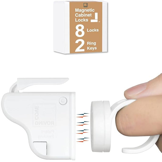 RovingCove Ergonomic Magnetic Cabinet Baby Locks 8-pk, Child Proof Drawer Cupboard Latches, Adhesive, Easy Install with Starter Tape System, 8 Locks 2 Ring Keys