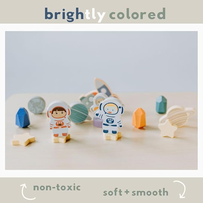 Toddler 30 Piece Stacking Wood Blocks Space Gift - Montessori 2 Year Old Fine Motor Skills Toy Learning Stacking Shape Sorter Sensory Preschool Busy Journey to the Moon (Block Set, Wood)