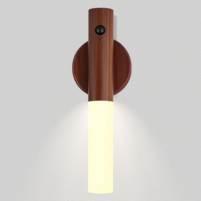 LANDGOO Wooden Nursery Night Light, LED Motion Sensor Nursing Lamp, USB Rechargeable Magnetic 360° Rotation Bedside Lighting for Bedroom Bathroom, Walnut Wood