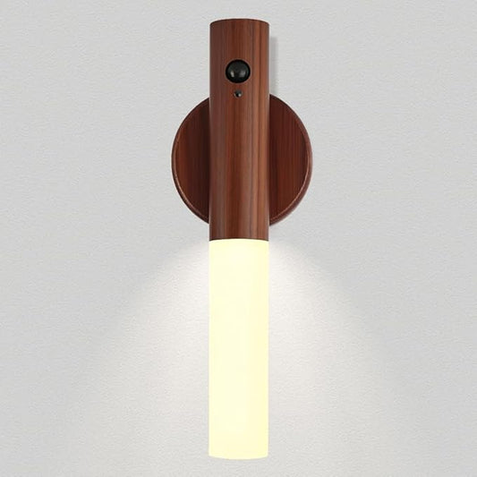 LANDGOO Wooden Nursery Night Light, LED Motion Sensor Nursing Lamp, USB Rechargeable Magnetic 360° Rotation Bedside Lighting for Bedroom Bathroom, Walnut Wood