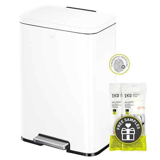 EKO Madison Matte White 50 Liter/13.2 Gallon Step Trash Can with Inner Liner - Fingerprint Resistant Finish