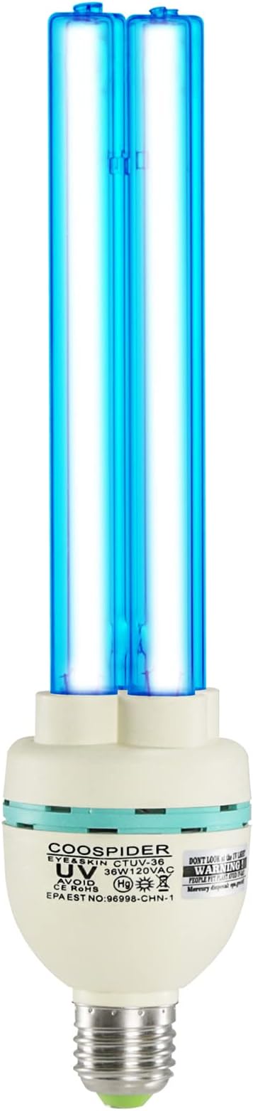 36 Watts UVC Light Bulb, UV Lamp for Basement/Storehouse/Car, E26 110V CTUV-36 (Ozone Free)