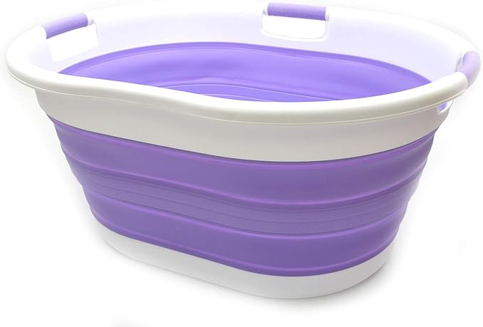 SAMMART 57L (15 Gallons) Collapsible 3-Handled Plastic Laundry Basket - Oval Tub - Portable Washing Tub-Space Saving Laundry Hamper, Water Capacity 44L / 11.6 Gallon (1, Lt. Purple)