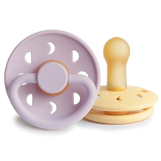 FRIGG Moon Natural Rubber Baby Pacifier | Made in Denmark | BPA-Free (Soft Lilac/Daffodil, 6-18 Months) 2-Pack