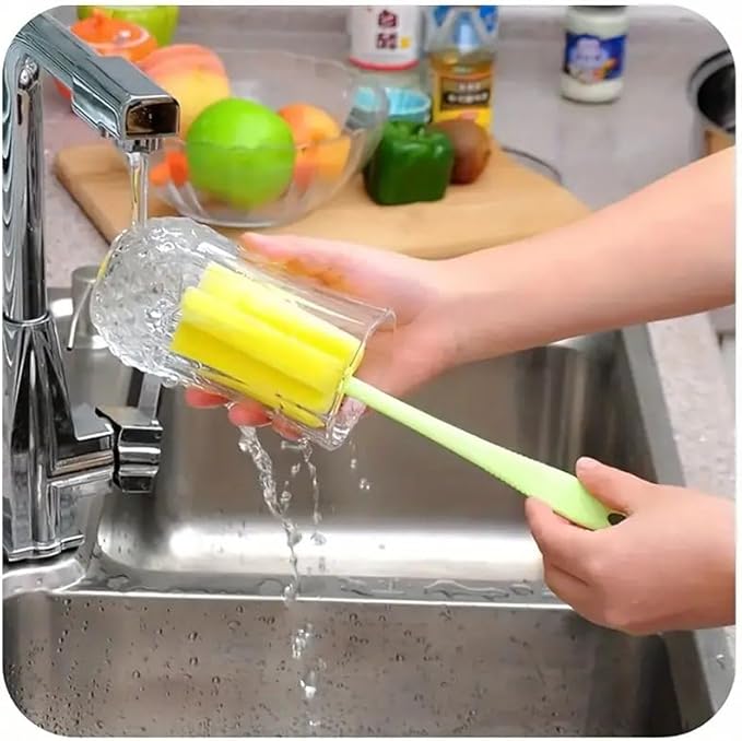 1pc Long-Handle Sponge Bottle Brush – Random Color Soft Non-Scratch Cleaning Brush for Cups, Tumblers & Bottles | Deep Reach Scrubber for Home, Office & Kitchen