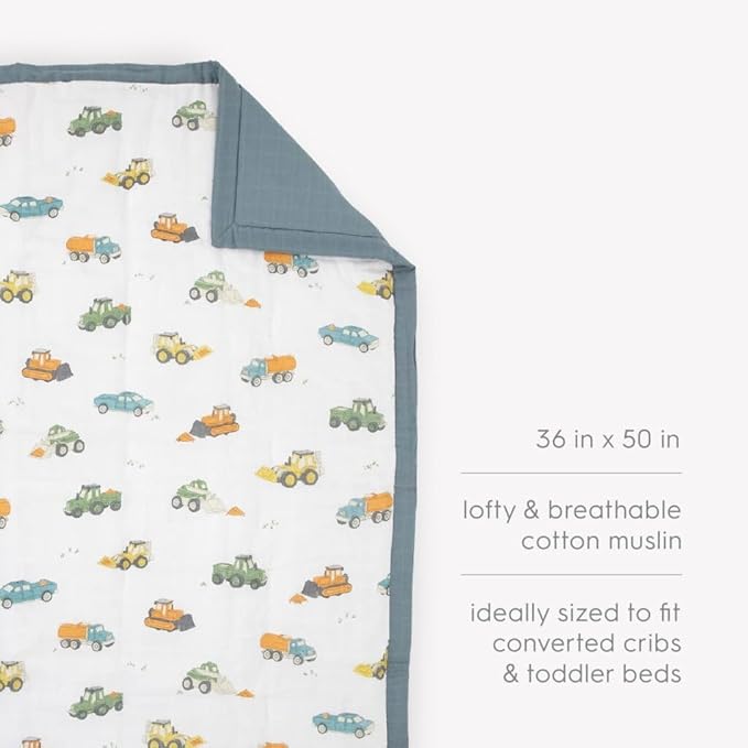 Little Unicorn Lofty Comforter Blanket | Super Soft & Breathable Muslin Fabric| Great for Play & Bedtime Blanket (Work Trucks)