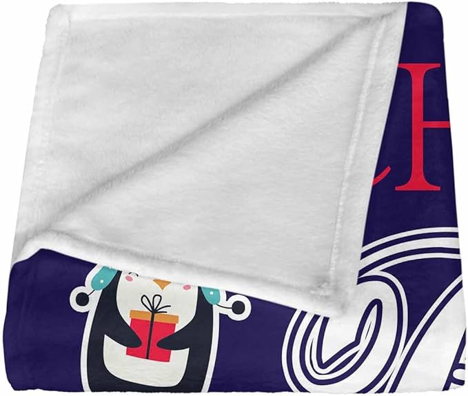 Personalized Baby Blanket with Name for Unisex Boys Girls, Navy Blue Penguin Bed Throws Newborn, Customized Blanket with Name Gift for Christmas Birthday, Super Soft Nursery Blankets for Kids Teens