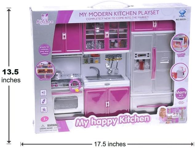 Doll Kitchen Playset for Kids, My Modern Mini Kitchen House Furniture Pretend Play Toy Accessories Set with Realistic Lights & Sounds for Toddlers, Girls (3-in-1)