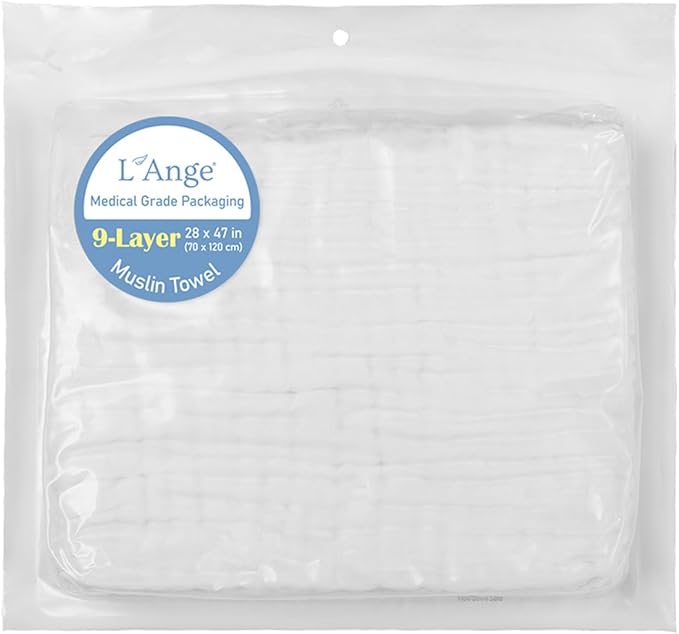 L'Ange Baby Bath Towel - 9 Layers 100% Cotton Muslin, Super Quick Dry, Medical Grade Packaging for Infants and Newborns - 28 x 47in - White