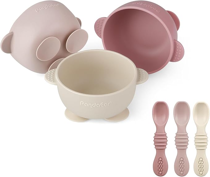 PandaEar 3 Pack Silicone Suction Baby Bowls & 3 Baby Feeding Spoons | Non-Slip Stay Put Bowls & Soft Silicone First Stage Spoons for Toddlers, BPA-Free Baby Led Weaning Set (Pink Rose Linen)