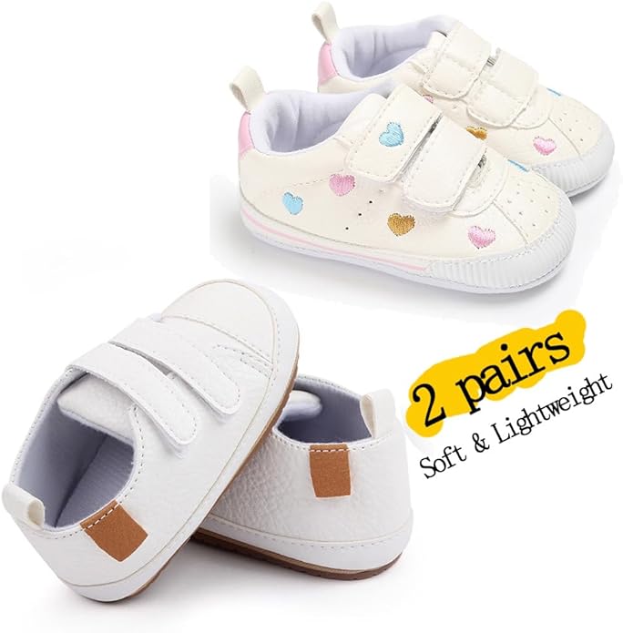 2Pairs Baby Shoes,Boys Girls Non-Slip Rubber Sole Sneakers,Unisex Infant Soft Lightweight First Walking Crib Shoes