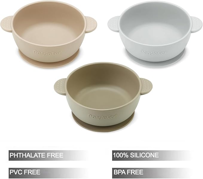 PandaEar 3 Pack Baby Bowls with Suction| Stay Put Silicone Food Bowl for Babies Kids Toddlers Infants| Food Grade Soft Safe BPA-Free Silicone (Brown Grey Tan)