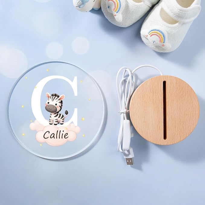 callie Acrylic Night Light Name Plate Personalized, Custom Cute Forest Animals with Wooden Base Bedroom Decor, Birthday Gifts Christmas Gifts for Family