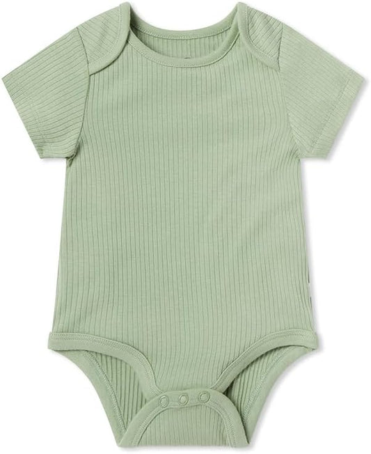 MORI Baby Ribbed Short Sleeve Bodysuit with Envelope Neck and Nickel Free Poppers - Unisex Toddler Romper for Boys and Girls