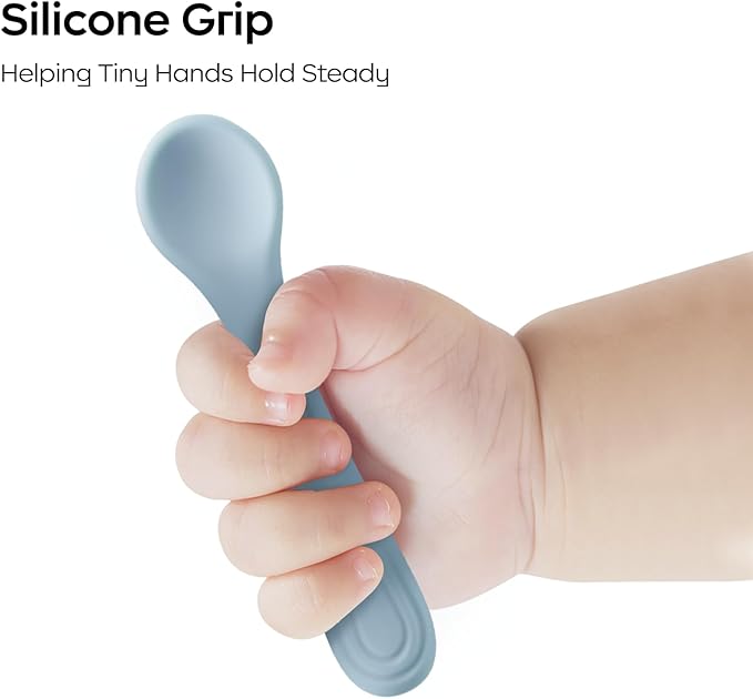 Bc Babycare Portable 4 Pack Baby & Toddler Self Feeding Fork and Spoon Set with Storage Case, BPA-Free Silicone Utensils for Boys and Girls, Safe & Easy to Carry, Green & Pink