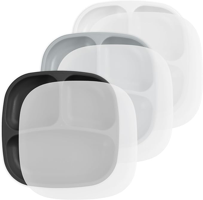Re-Play Toddler Plates with Dividers - Deep-Walled 3 Compartments Divided Plates for Kids with 3 Lids - Dishwasher & Microwave Safe - Made in USA - Set of 3-7.37" x 7.37" x 1.25" - Monochrome