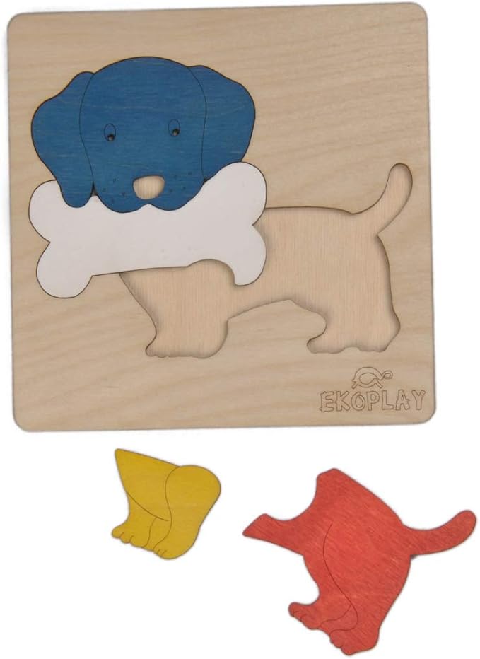 EKOPLAY’s Wooden Puzzles for Kids, 4 Piece Jigsaw Puzzle for Pre-School Kids, Learning Educational Toys Gifts for Boys Girls. Animal Puzzles Sets, Pets Dog with a Bone. Age 3+ Years.