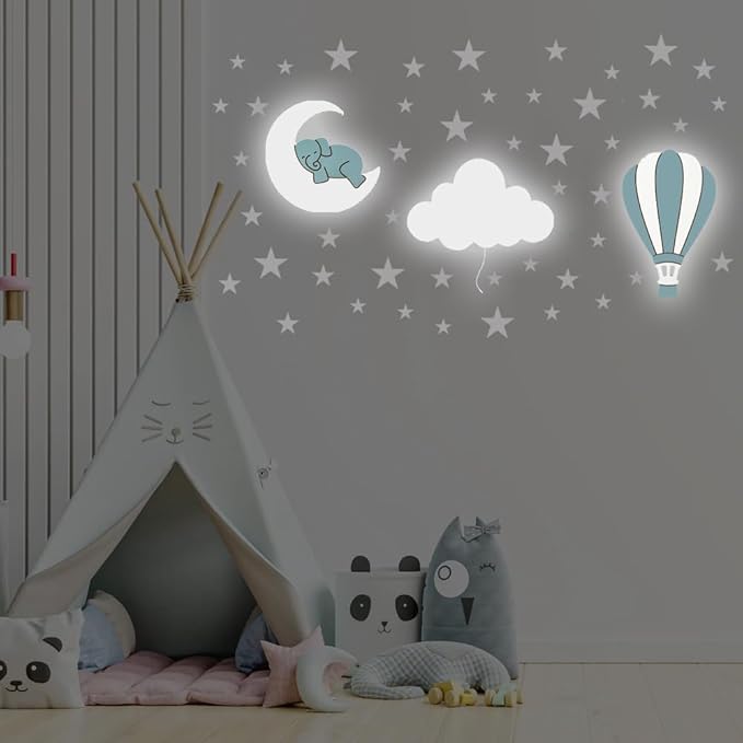 Dreamy Skies Nursery Wall Set – Elephant on Moon, Hot Air Balloon & Star Stickers (Blue Theme)