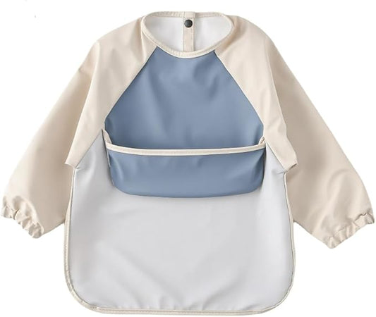 GZMM Waterproof Baby Bibs,Infant Toddler Long Sleeve Feeding Bib With Food Catcher,Wipe Clean & Washable