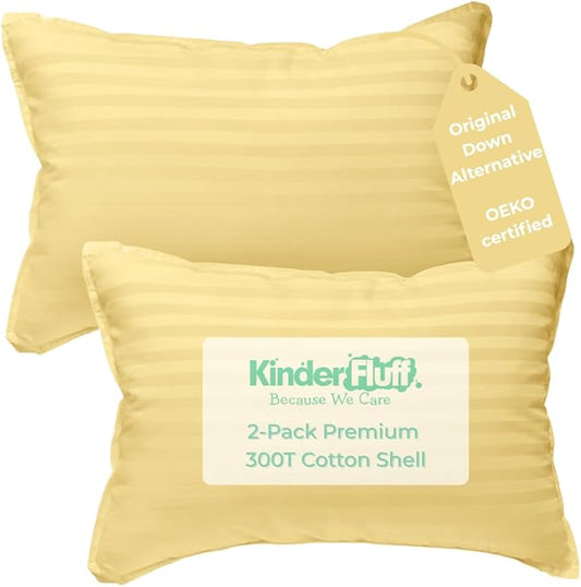 kinder Fluff Children Pillow (2Pack) 10x15in - First Pillow for Kids Age 2+, 100% Cotton Sateen Stripes Shell 300T, Down Alternative Fill, Machine Washable - Children & Travel Cushion - Yellow - XS