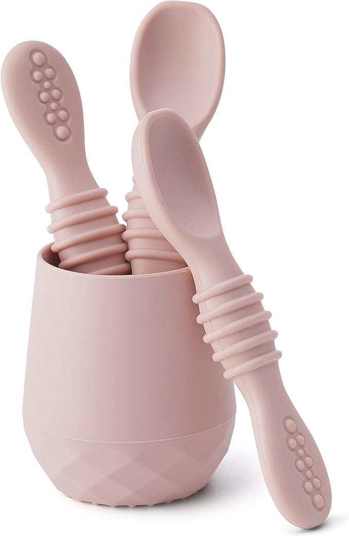 SAMiGO Silicone Baby Utensils - Self Feeding Spoons and Tiny Training Cup - First Stage Baby Led Weaning Supplies for 6 Months+ Infants - Set of 4