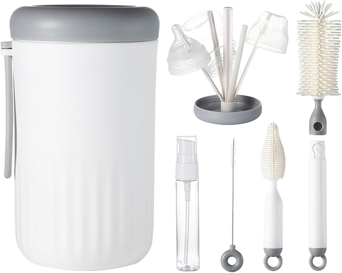 Travel Bottle Cleaner Kit, 6-in-1 Baby Bottle Brush with Silicone Bottle Brush, Nipple Brush, Straw Brush, Drying Rack, Dispenser, Organizer, Baby Travel Essential, Gifts for New Mom - Grey