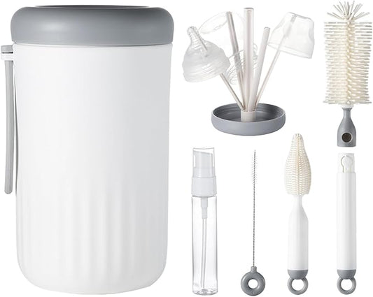 Travel Bottle Cleaner Kit, 6-in-1 Baby Bottle Brush with Silicone Bottle Brush, Nipple Brush, Straw Brush, Drying Rack, Dispenser, Organizer, Baby Travel Essential, Gifts for New Mom - Grey