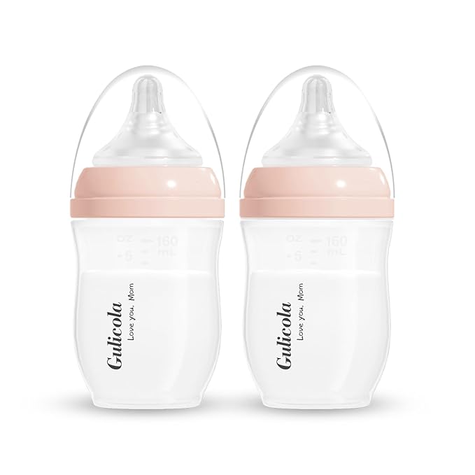 Gulicola Natural PP Baby Breastfeeding Bottles Newborn Set 2 Pack, Slow Flow Nipples, 0 Months +, 5 oz - Pink